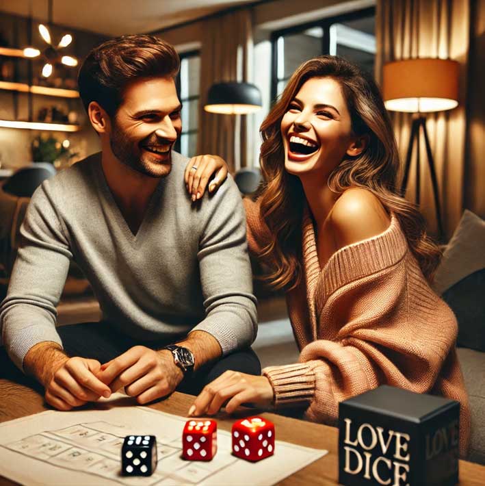 Couple laughing while playing Love Dice