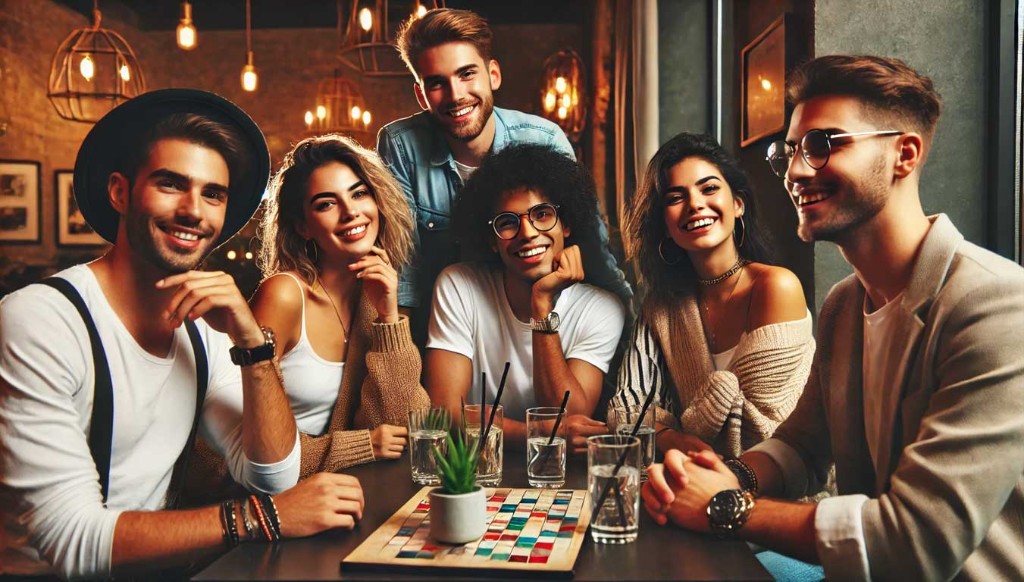 Friends gathered at a cafe table sharing real conversation